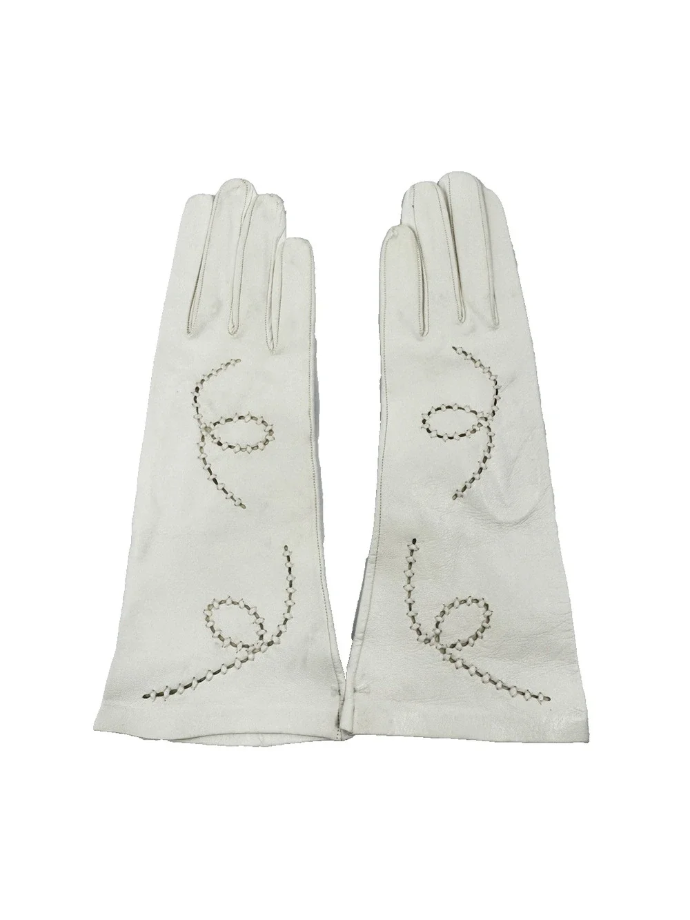 Size 7 Vintage White Leather Ladies Gloves Embroidered Cutout Design Bridal NEW